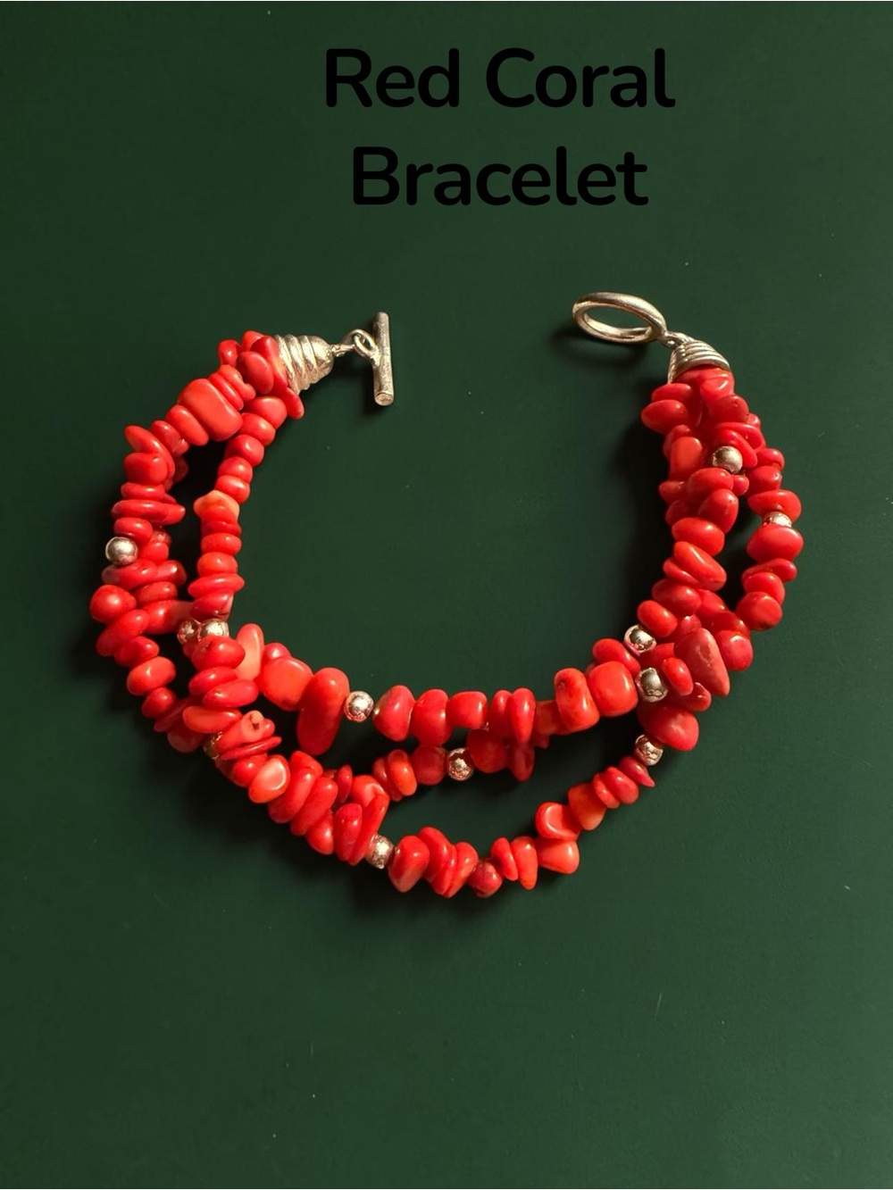 925 Sterling Silver Red Coral Multi-Strand Chip Bracelet Toggle Clasp 7” Vintage